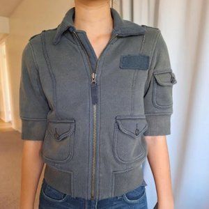 Free People Cotton  Short Sleeves Crop Bomber Jacket,  Dark Olive, size XS